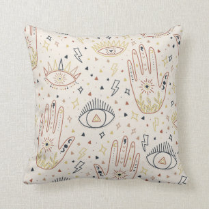 Esoteric Hands Eyes Tan Boho Pattern Stars symbols Cushion