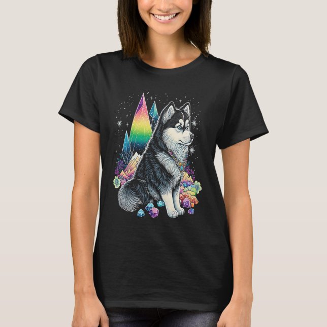 Esoteric Husky Dog Crystals Cute Illustration T-Shirt (Front)