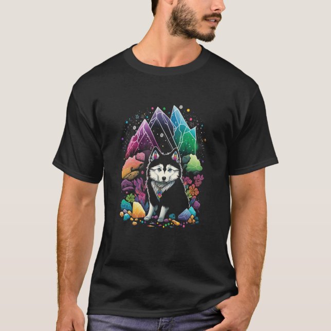 Esoteric Husky Dog Crystals Cute Illustration T-Shirt (Front)