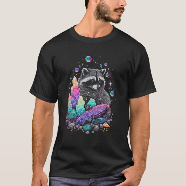 Esoteric Racoon Pet Art Crystals Cute Illustration T-Shirt (Front)