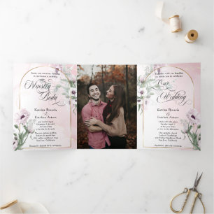 Español English Flores Rosas Pink Flowers Tri-Fold Invitation