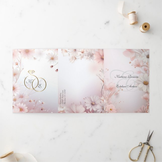 Español English Pink Daisies Margaritas Rosas Tri-Fold Invitation (Outside)