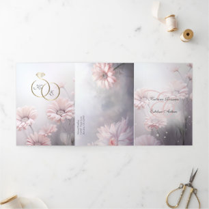 Español English Pink Daisies Margaritas Rosas Tri-Fold Invitation