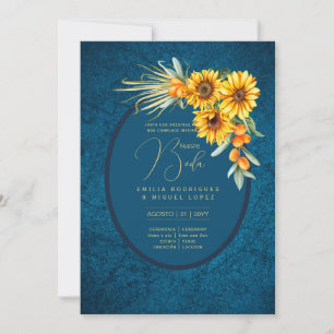 Espanol Invitación Boda Rustic Blue Sunflowers Invitation