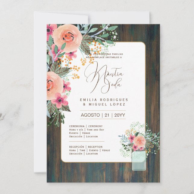 Espanol Invitación de Boda Floral Wedding Rustic I Invitation (Front)