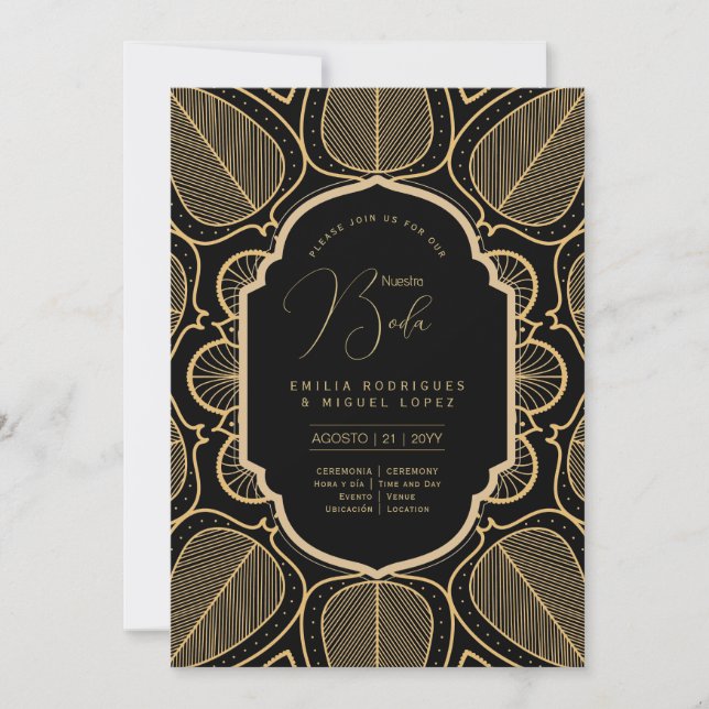 Espanol Invitation Elegant Black Gold Wedding Wedd (Front)