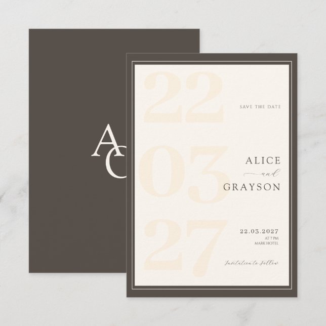 Espresso Beige Classic Modern Minimalist Wedding  Save The Date (Front/Back)