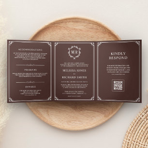 Espresso Brown and White Monogram QR Code Wedding Tri-Fold Invitation
