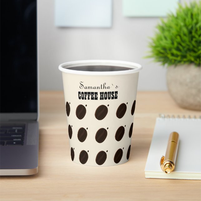 Espresso Brown Coffee Bean Pattern Cafe Branding Paper Cups (Insitu)