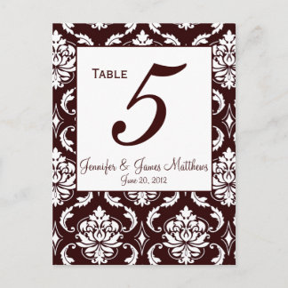 Espresso Brown Damask Wedding Table Number Card