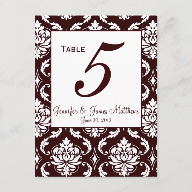 Espresso Brown Damask Wedding Table Number Card (Front)