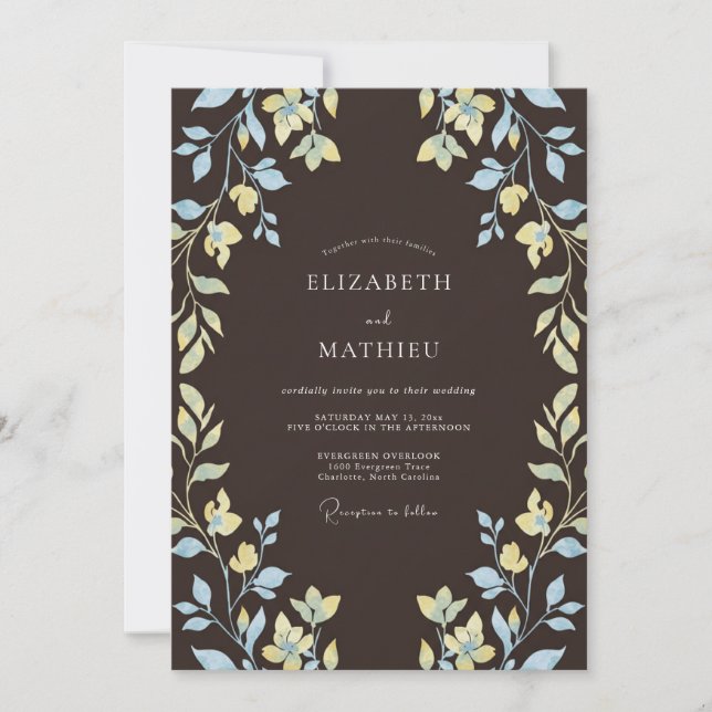 Espresso Brown Ethereal Botanical Wedding Invitation (Front)