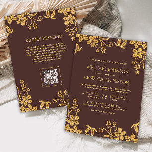 Espresso Brown Gold Floral Leaves QR Code Wedding Invitation