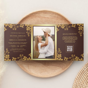 Espresso Brown Gold Floral Leaves QR Code Wedding Tri-Fold Invitation