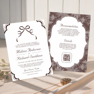 Espresso Brown Lace Coquette Bow QR Code Wedding Invitation