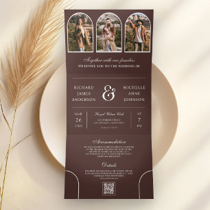 Espresso Brown Minimal Arch Photo QR code Wedding Tri-Fold Invitation