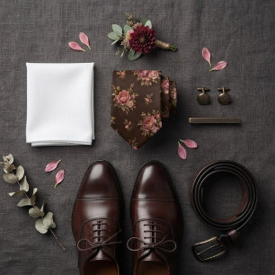 Espresso Brown Pink Peony Chintz Bouquet Tie