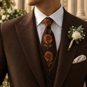 Espresso Brown Rust Dahlia Botanical Floral Tie