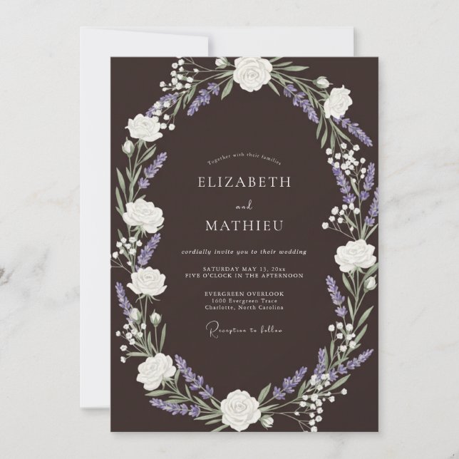 Espresso Brown Rustic Lavender Wedding Invitation (Front)
