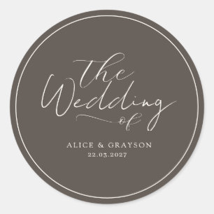Espresso Brown Script Classic Minimalist Wedding Round Sticker