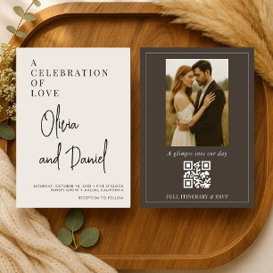 Espresso Brown Script Photo QR Code Wedding Invitation