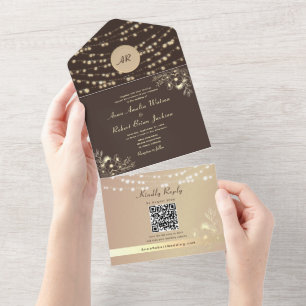 Espresso Brown String Lights QR Photo Wedding All In One Invitation