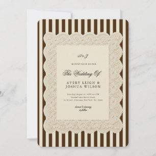 Espresso Brown Stripes & Lace Vintage Wedding Invitation