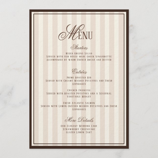 Espresso Cappuccino Striped Wedding Menu  Card (Front)