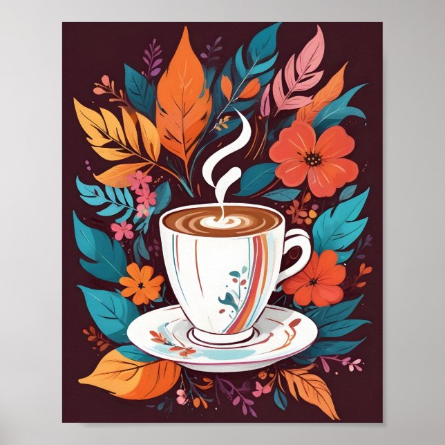 Espresso Coffee Cup wall art with colourful leaves (Front)