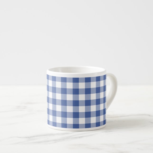 Espresso Coffee Mug, Dark Blue Check Gingham Espresso Cup (Front Right)