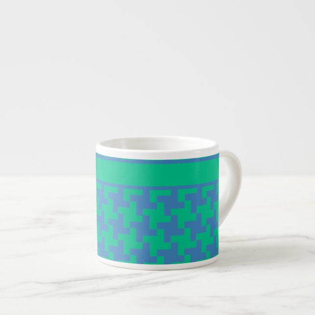 Espresso Coffee Mug, Emerald and Blue Dogtooth Espresso Cup (Front Right)