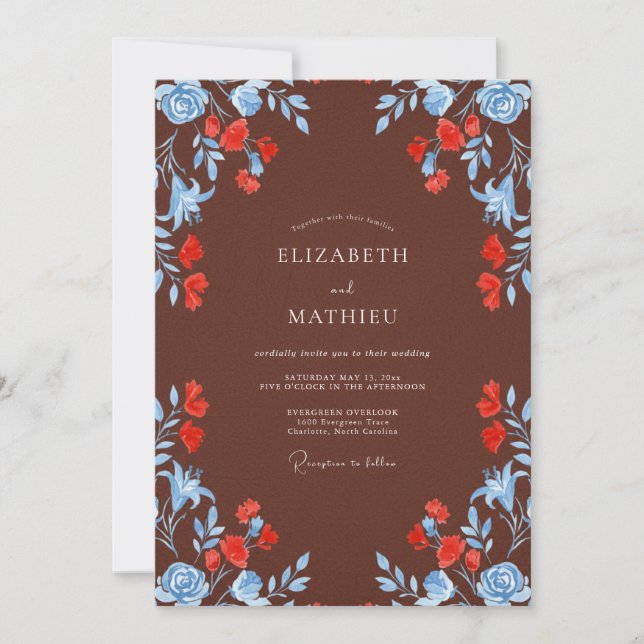 Espresso Cornflower Wreath Wedding Invitation (Front)