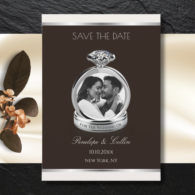 Espresso Cream Engagement Ring Photo Save the Date (Modern espresso and cream save the date card with 3D silver engagement ring photo frame template.)