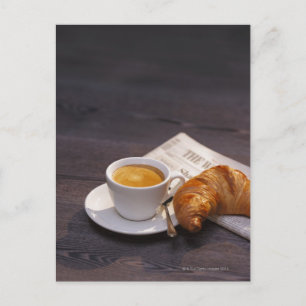 espresso, croissant and newspaper postcard