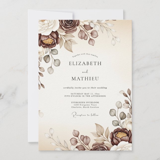 Espresso Floral Autumn Wedding Invitation (Front)
