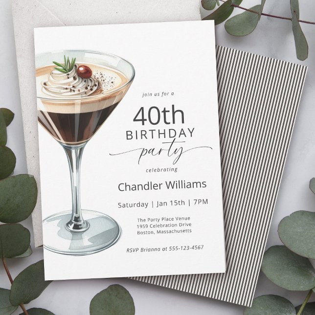 Espresso Martini Cocktail 40th Birthday Party Invitation (Available in printed and paperless digital download formats.)