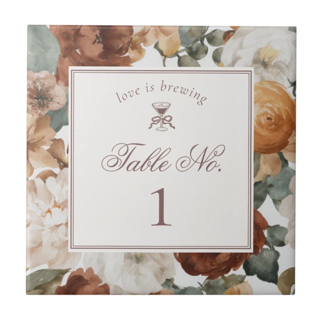 Espresso Martini Love Brewing Wedding Table Number Tile (Front)
