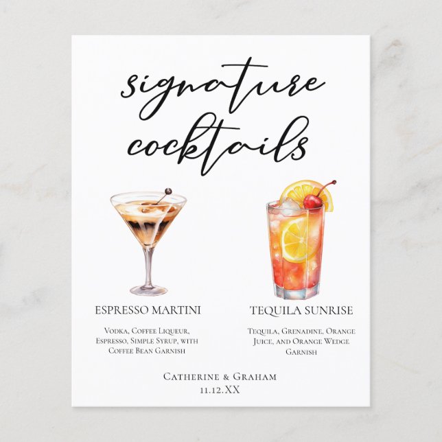 Espresso Martini Tequila Sunrise Cocktails Menu (Front)