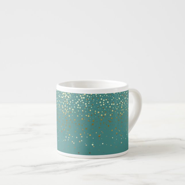 Espresso Mug-Petite Golden Stars-Teal Espresso Cup (Front Right)