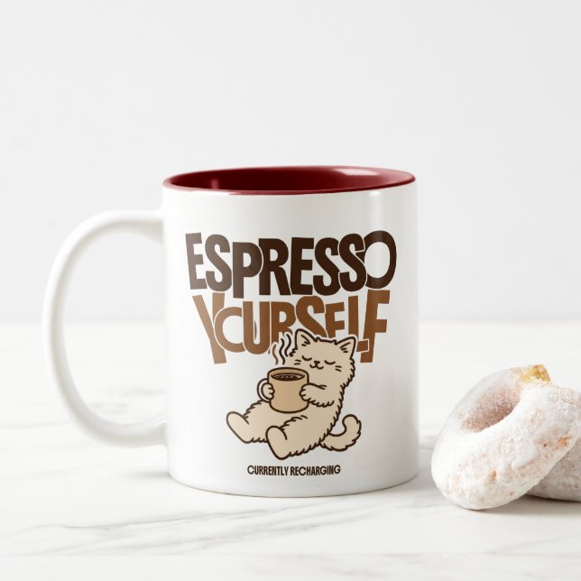 Espresso Yourself Cute Coffee Cat – Funny Caffeine Two-Tone Coffee Mug (With Donut)