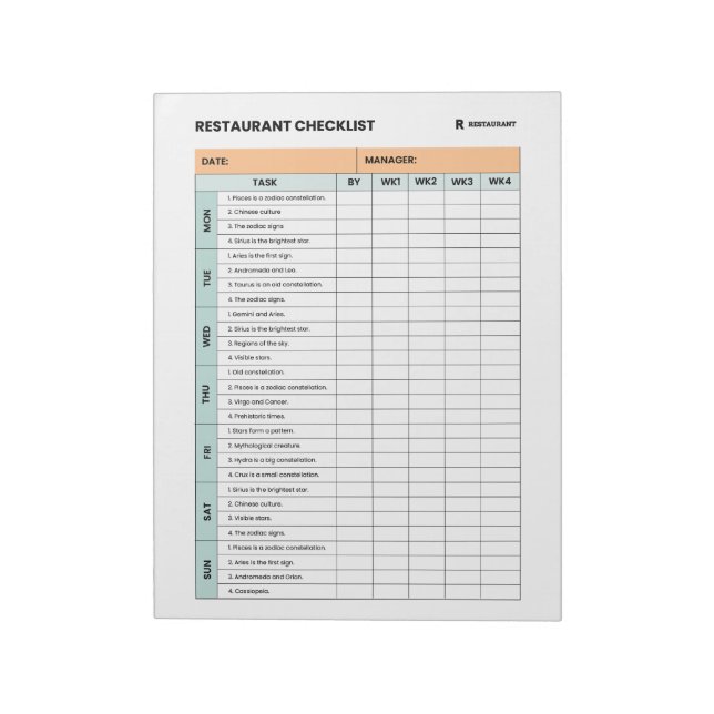 Essential Cuisine Restaurant Checklist Notepad (Rotated)