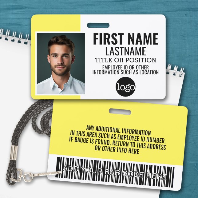Essential Employee ID Photo, Bar Code, Logo, Name Badge (Personalized Name Badge with Photo and Company Logo)