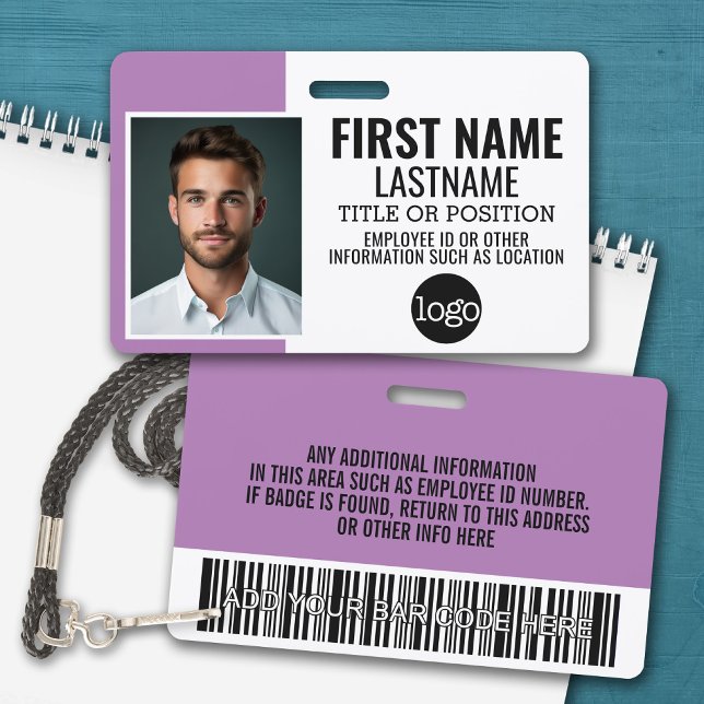 Essential Employee ID Photo, Bar Code, Logo, Name ID Badge (Personalized Name Badge with Photo and Company Logo)