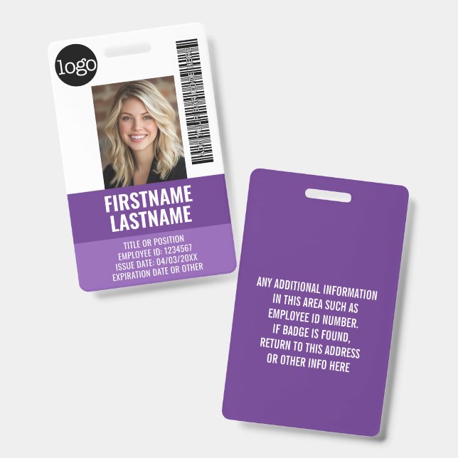 Essential Employee ID Photo, Bar Code, Logo, Title Badge (Front & Back)
