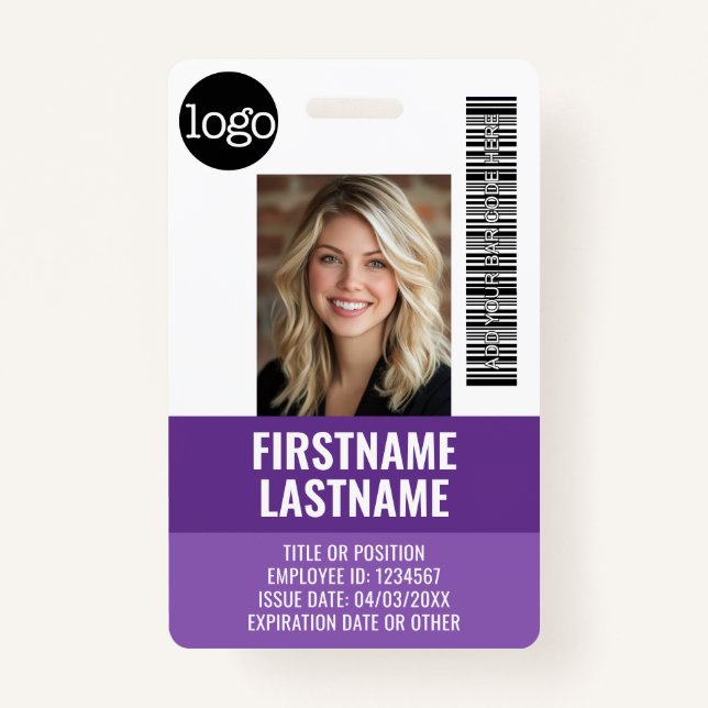 Essential Employee ID Photo, Bar Code, Logo, Title ID Badge (Front)
