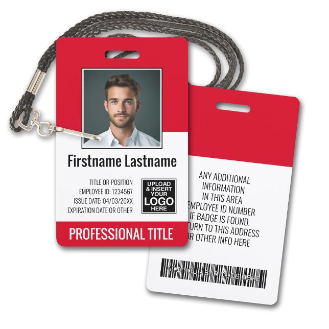 Essential Employee - Photo, Bar Code, Logo, Red ID Badge (Plastic ID Badge - Customize with Employee Photo and Credentials. Red Accents)