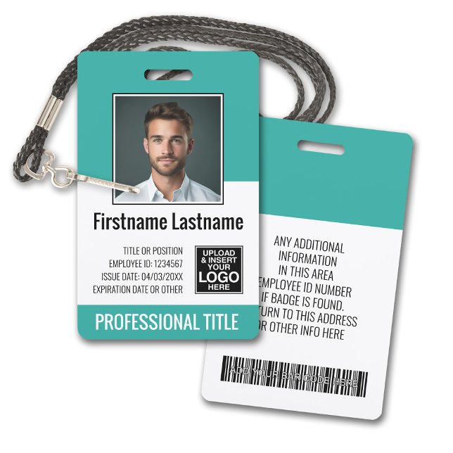Essential Employee - Photo, Bar Code, Logo, Teal ID Badge (Plastic ID Badge - Customize with Employee Photo and Credentials. Teal Accents)