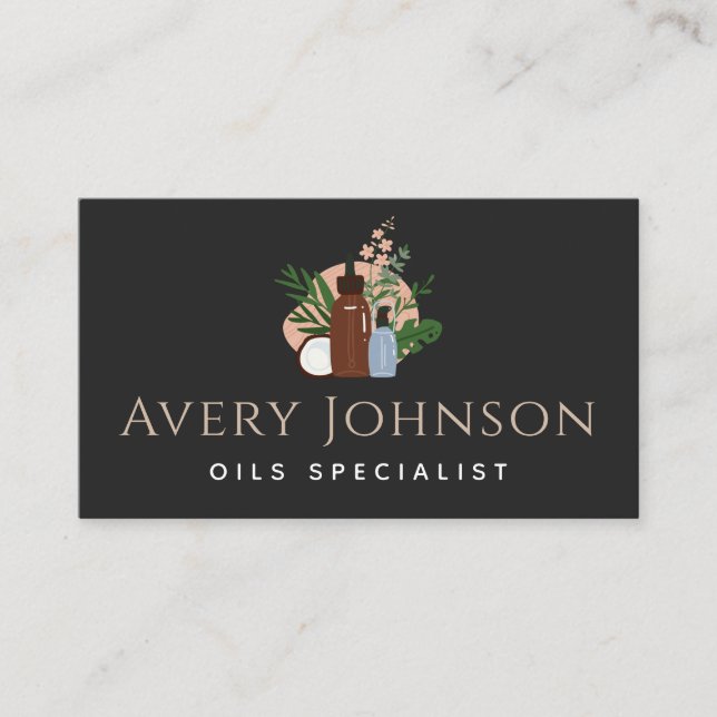 Essential Oils Specialist Bottles & Plants Boho  Business Card (Front)