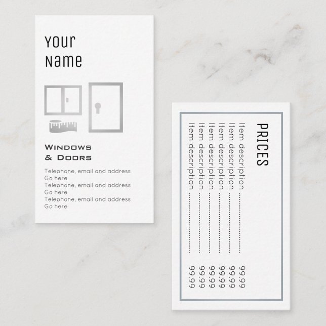 "Essential" Windows and Doors Price Cards (Front/Back)