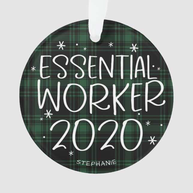 Essential Worker 2020 Covid Christmas Green Plaid Ornament (Front)